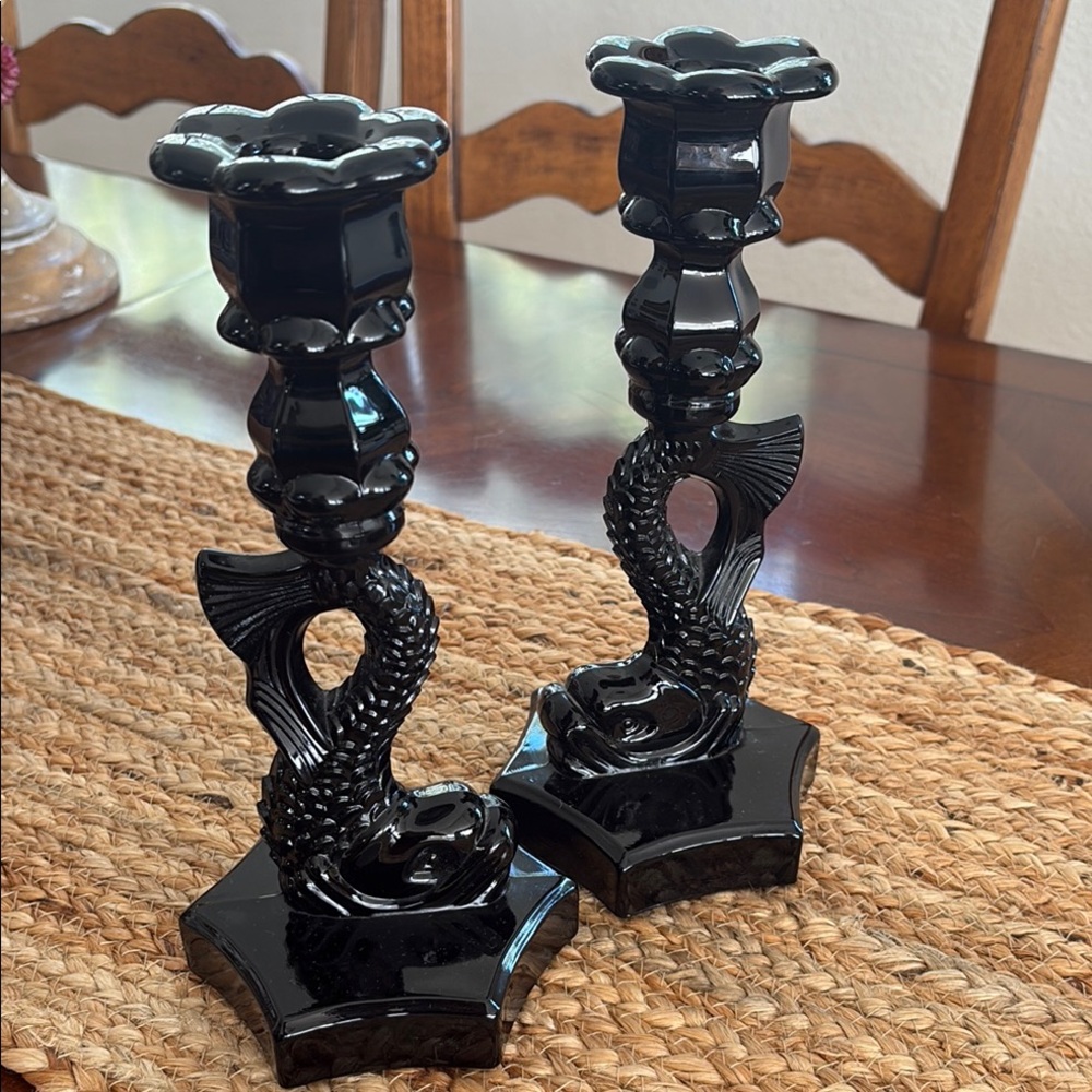 Vintage Pair Westmoreland Black Milk Glass Koi Fish Candlesticks
